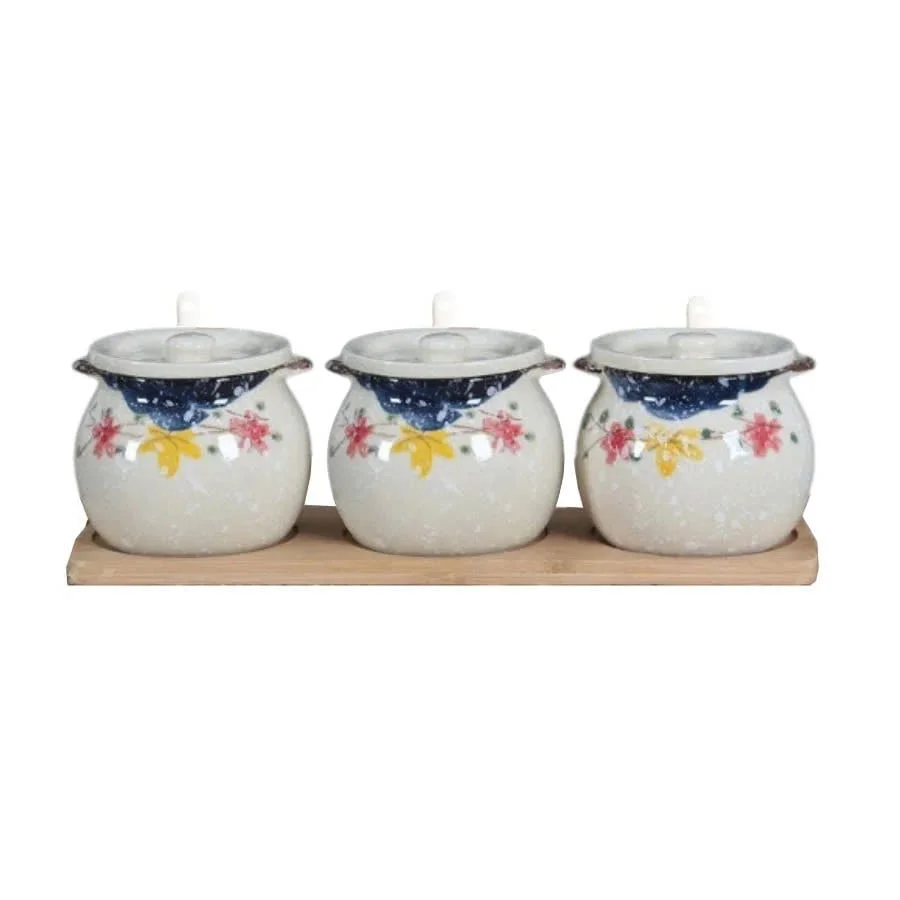 BỘ 3 HŨ GIA VỊ HÌNH HOA KÈM KHAY GỖ
