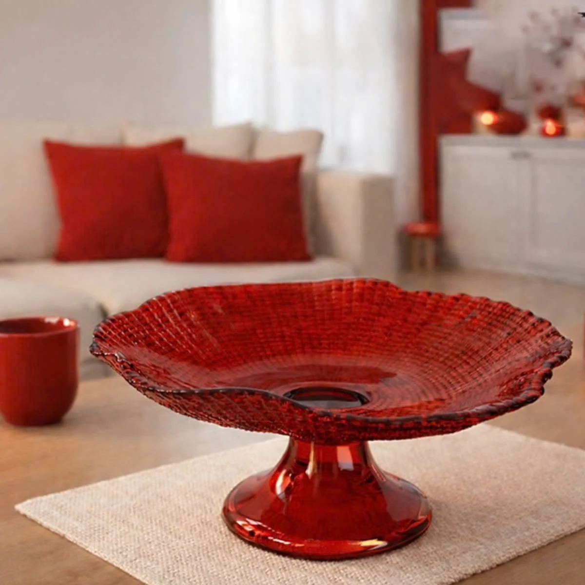 KHAY THỦY TINH CHÂN ĐẾ CRISTA MÀU ĐỎ 4