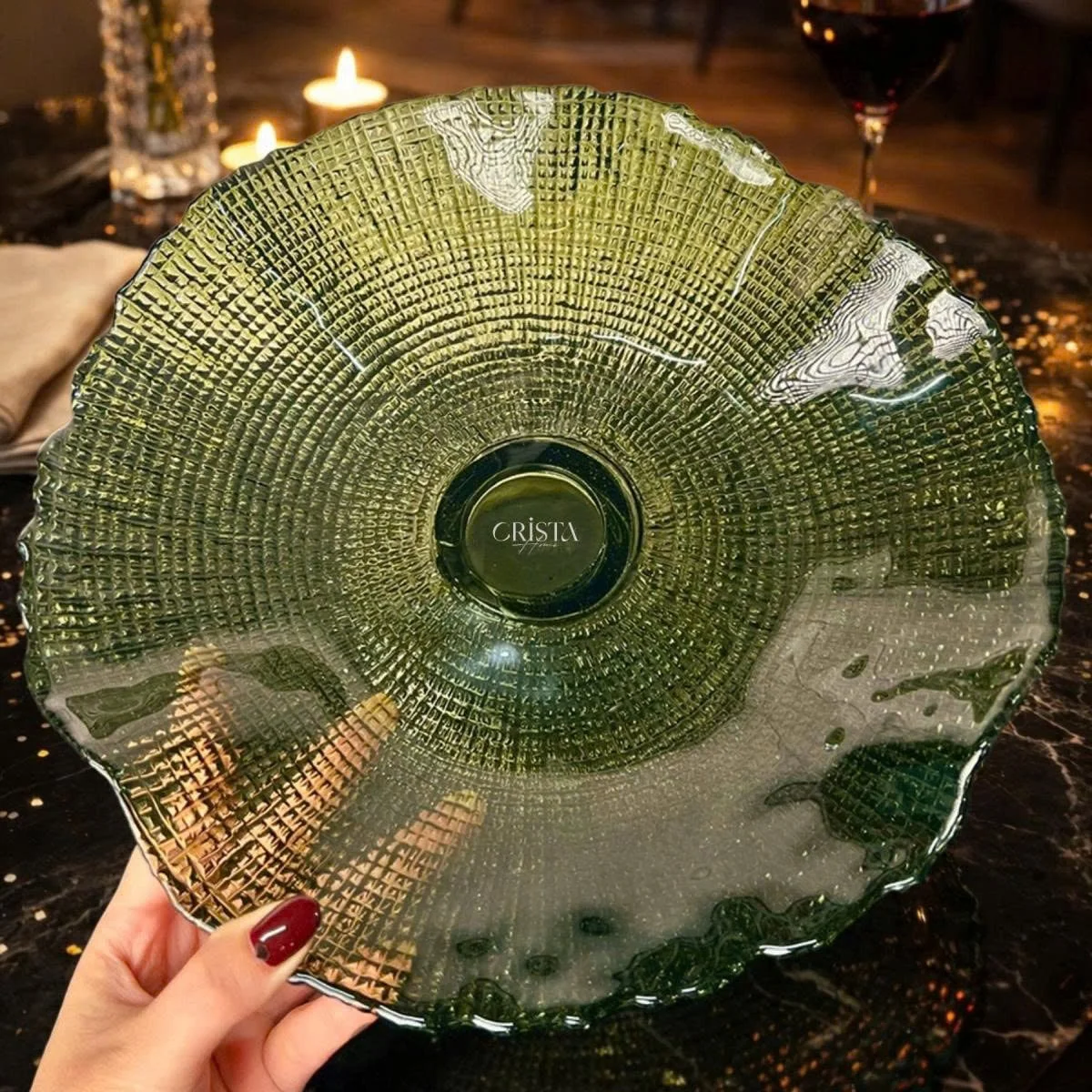 KHAY THỦY TINH CHÂN ĐẾ CRISTA MÀU XANH 3