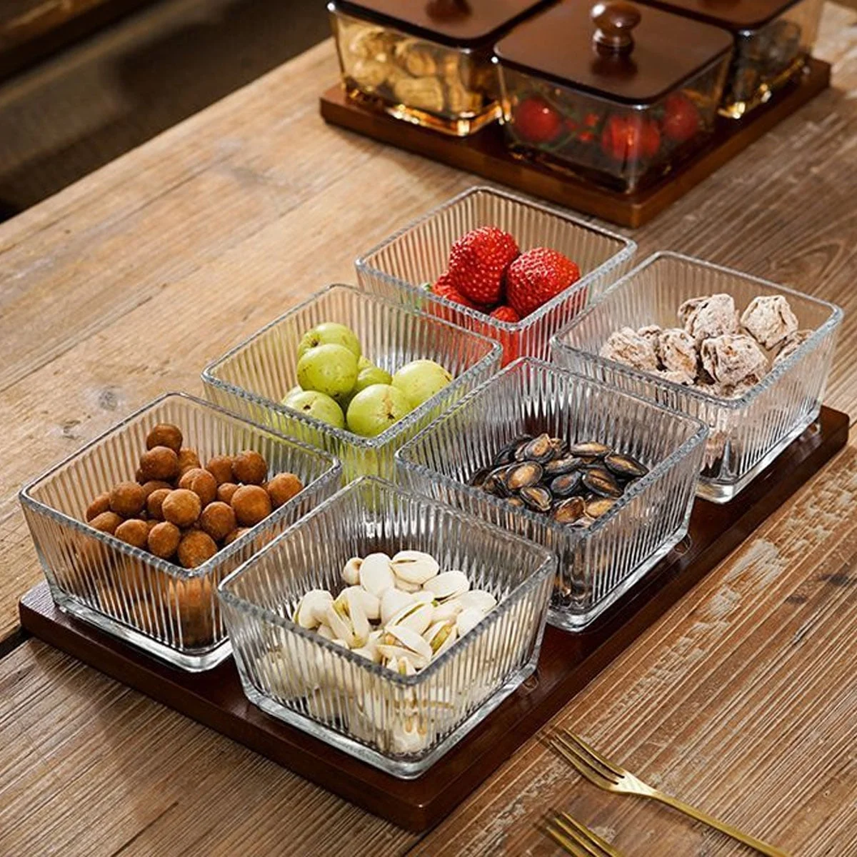 BỘ KHAY GỖ ĐỰNG SNACK 6 HŨ HÌNH VUÔNG 4