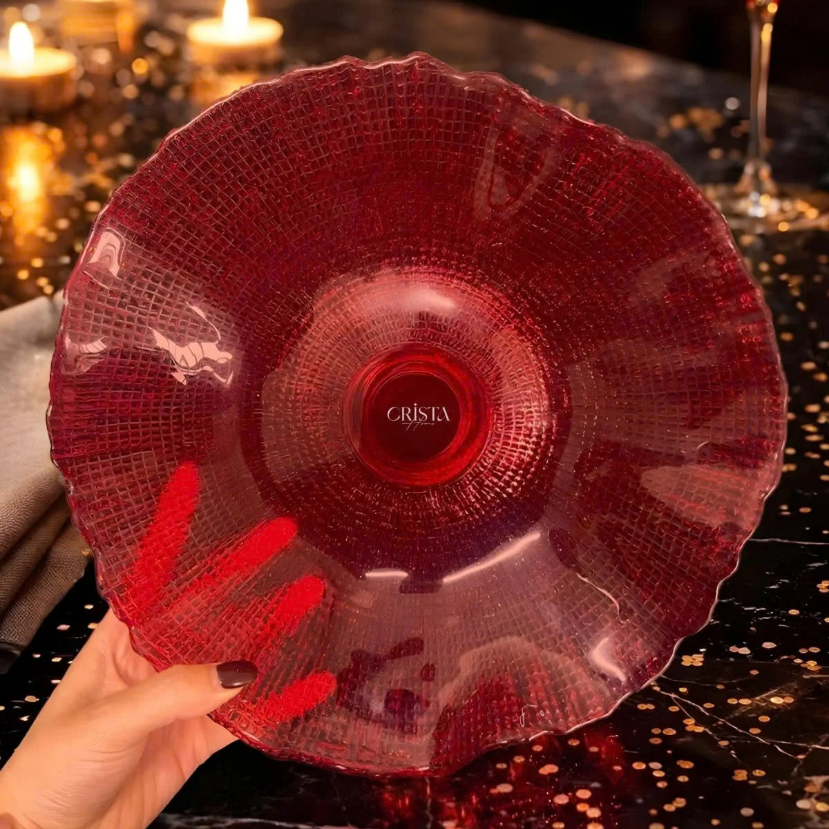 KHAY THỦY TINH CHÂN ĐẾ CRISTA MÀU ĐỎ 2