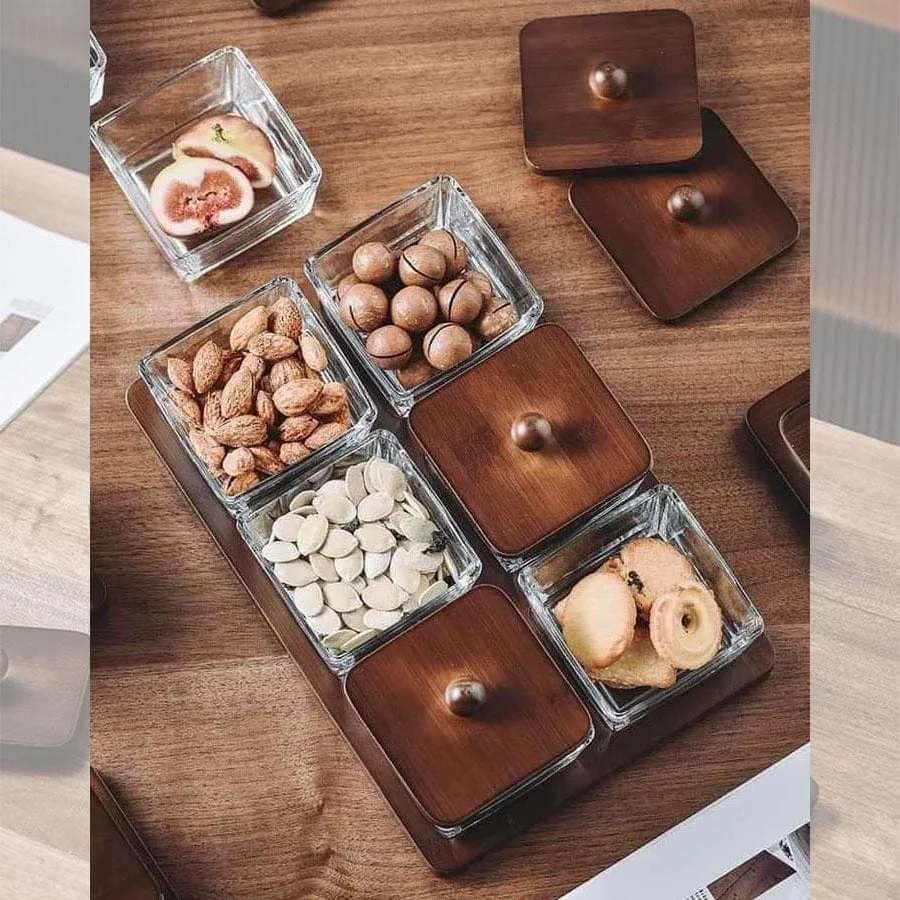 BỘ KHAY GỖ ĐỰNG SNACK 6 HŨ HÌNH VUÔNG 2