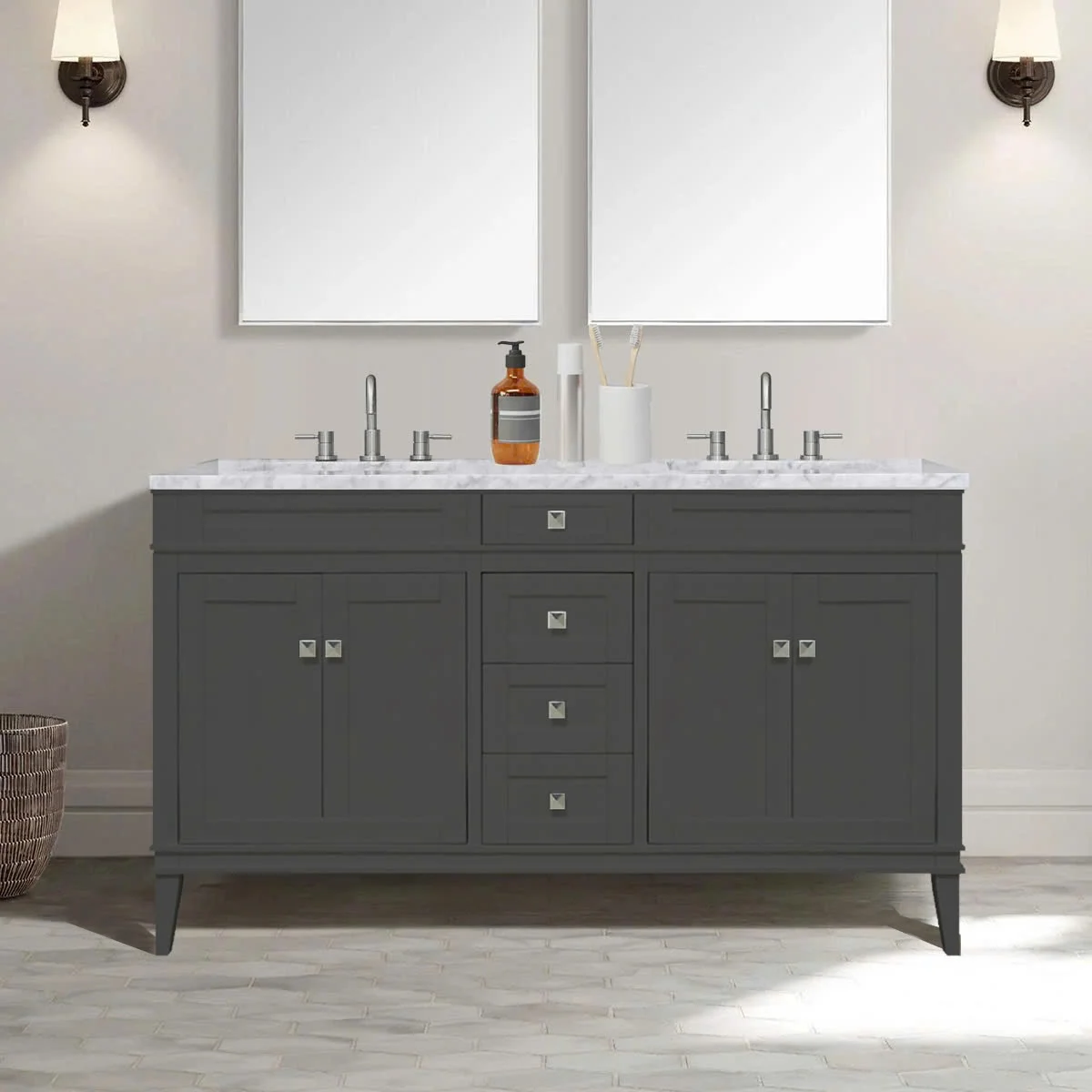 TỦ LAVABO RIVOLI 60 INCH MÀU XÁM ĐẬM 2 BỒN 2